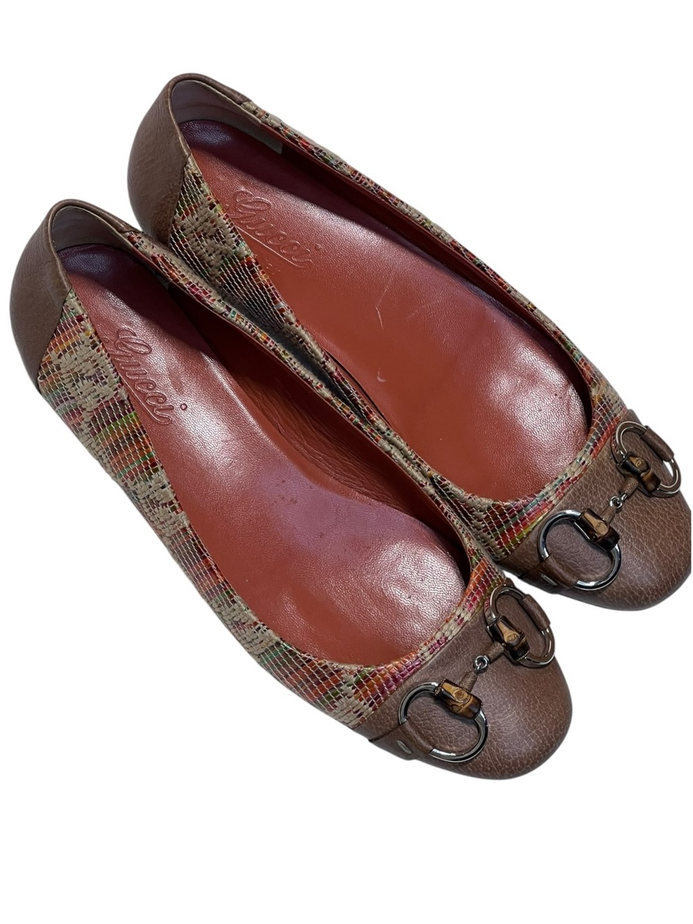 GUCCI Multi Tweed Raffia Tan Leather Cap Toe Horsebit Ballet Flats 37EU 6US